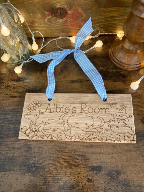 Childs jungle name plate with ribbon